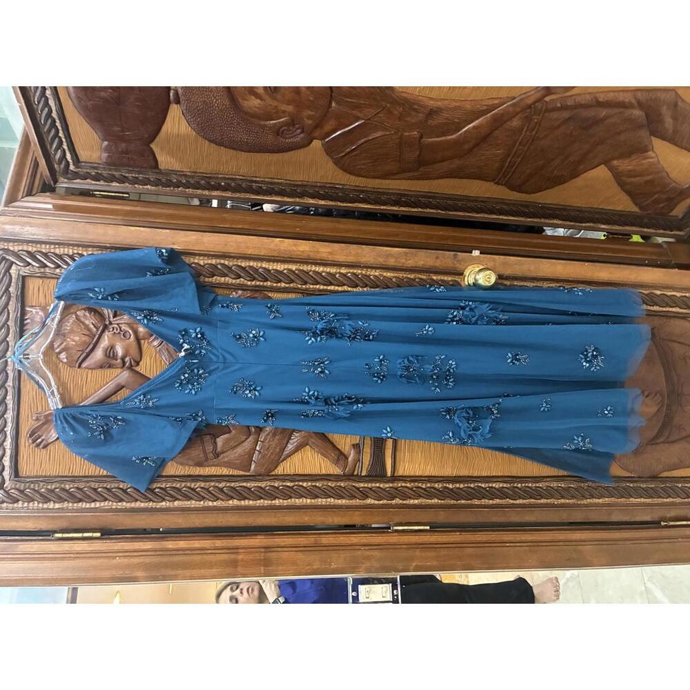 Adrianna Papell Teal Beaded V-Neck Midi Dress - Picture 3 of 5